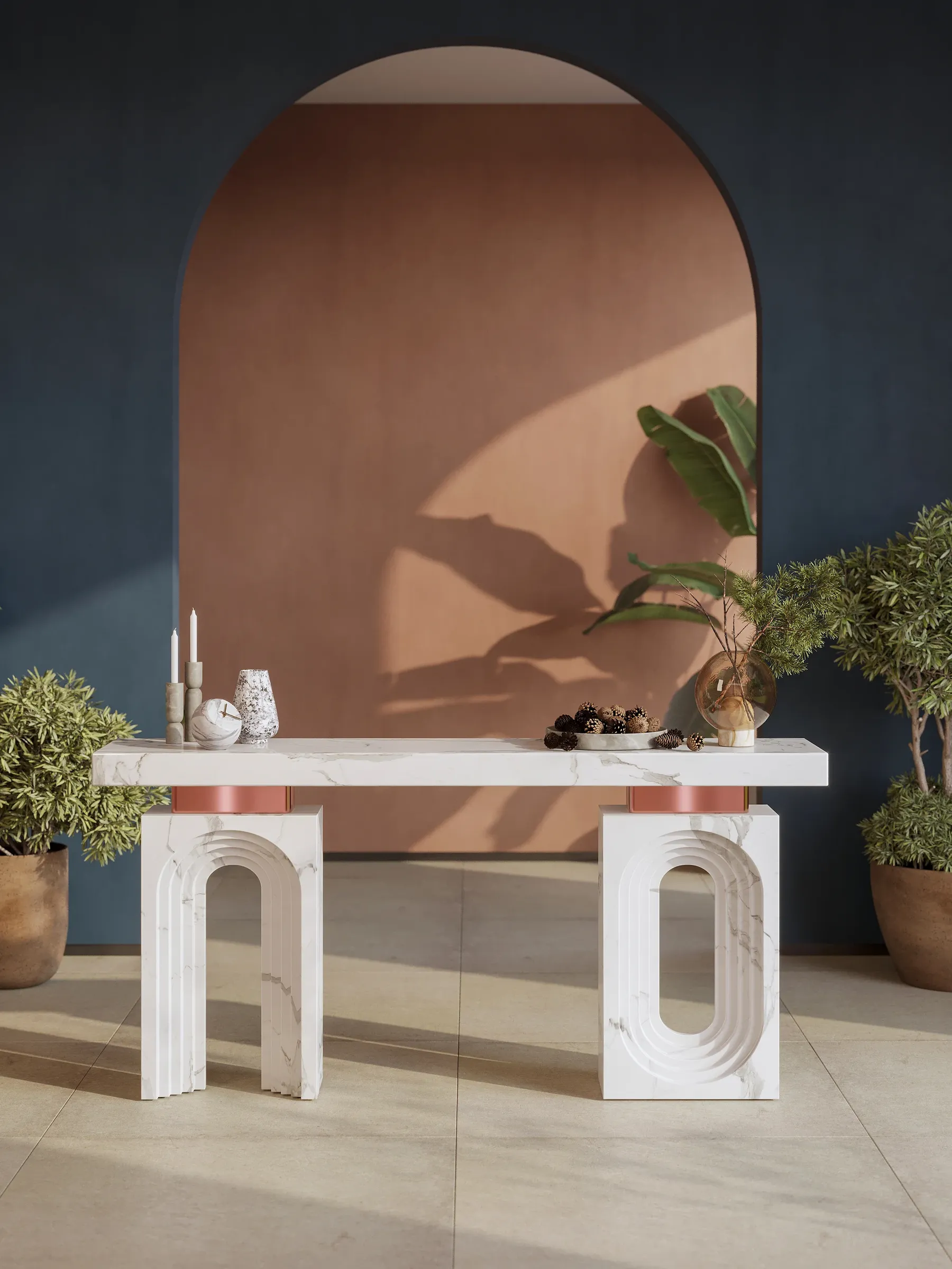 Arco Console in Arabescato marble and stainless steel, studio view