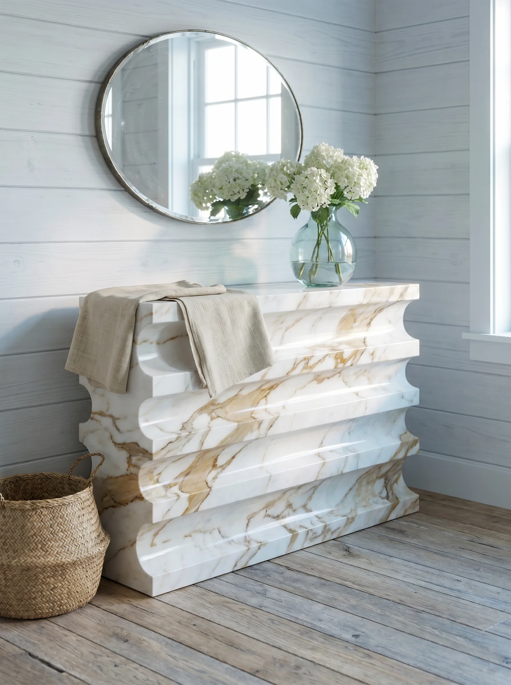 Pilastro Console - coastal Calacatta lifestyle