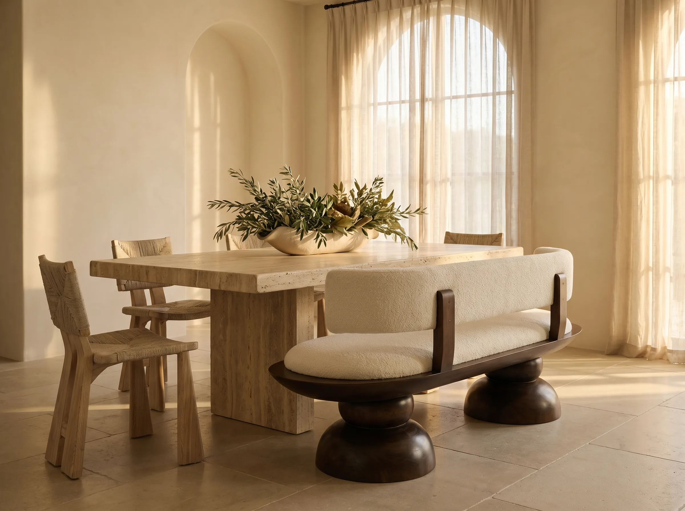 Contour Pebble Bench used as a dining banquette