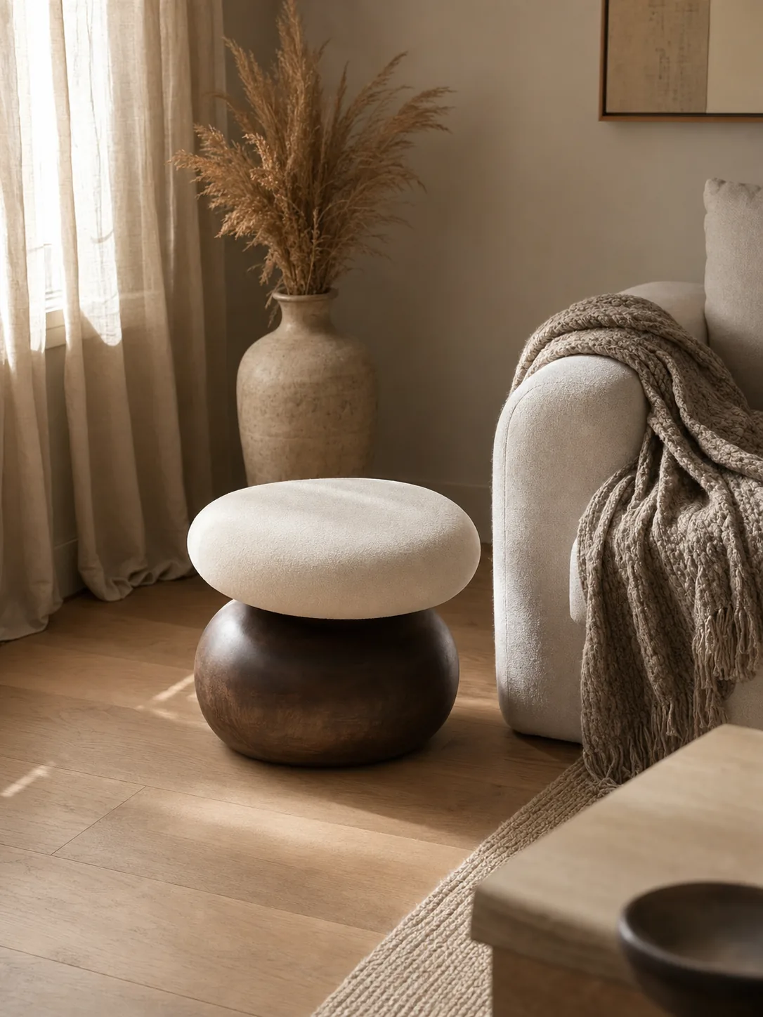 Contour Pebble Stool styled in a Japandi living room
